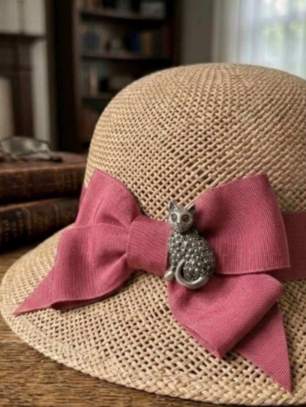 Vintage Cat Pin with Amber Red Eyes Lapel Brooch